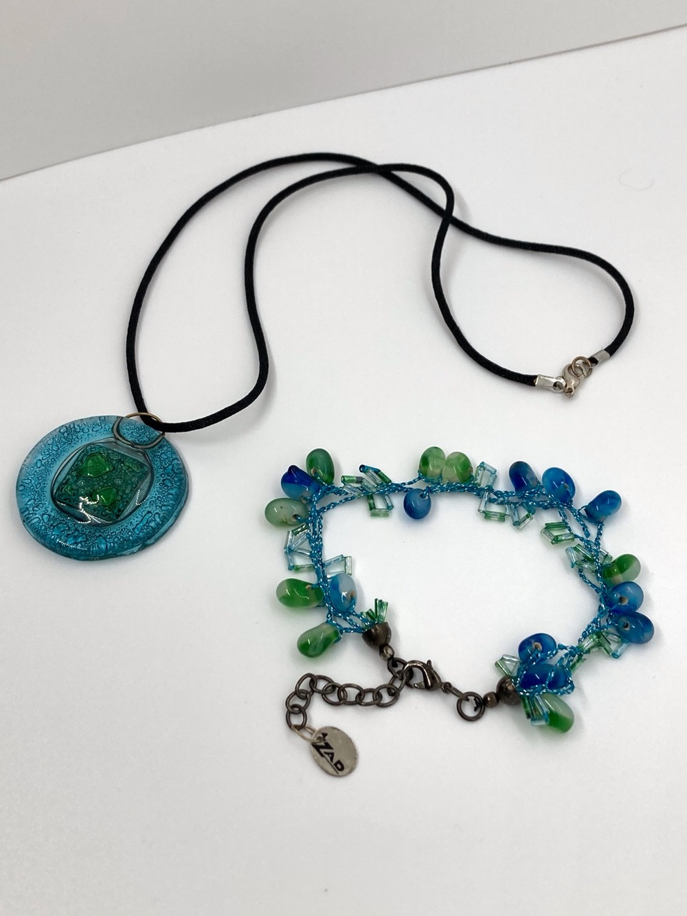 Blue, Green Glass Pendant Necklace & ZAD Bracelet